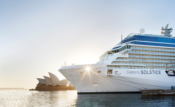 Celebrity Solstice cruise ship moored in Sydney harbour with the Sydney Opera House in the background/