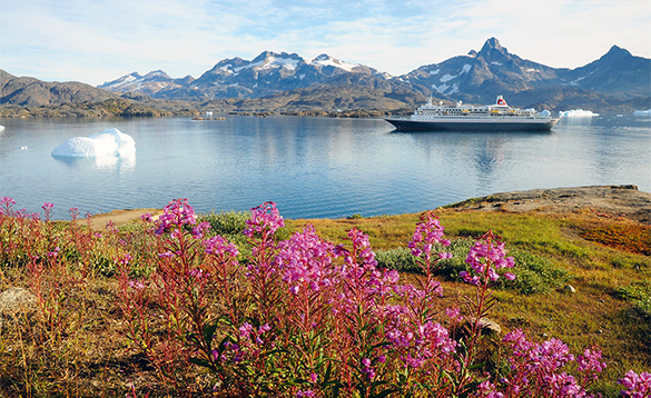 Fred Olsen cruise ship Boudicca sailing past snow capped mountains in Tasiilaq, Greenland/