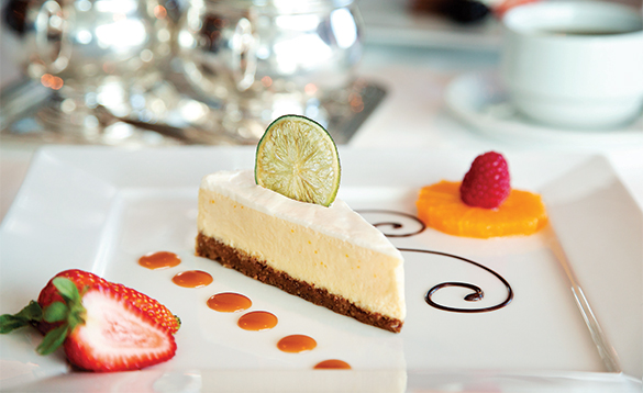 Cheescake and fruit served onboard an Oceania cruise ship/