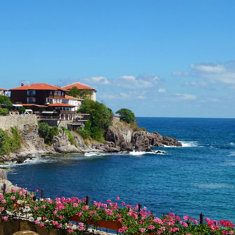 Coastal-view Red-roofed coastal buildings perched on a rugged cliffside overlooking a deep blue sea, with pink flowers in the foreground.