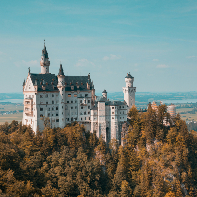 Neuschwanstein-Castle The fairy tale Neuschwanstein Castle standing proudly on a forested hill under a clear blue sky.