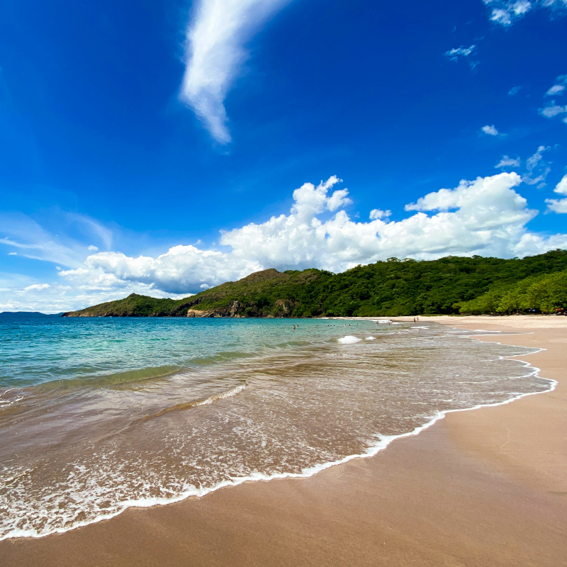 Sandy-beach A wide sandy beach with gentle ocean waves rolling in under a bright blue sky with fluffy white clouds.
