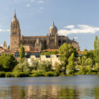 The grand Salamanca Cathedral with its intricate stone towers rising above a lush line of green trees, perfectly reflected in a calm river.