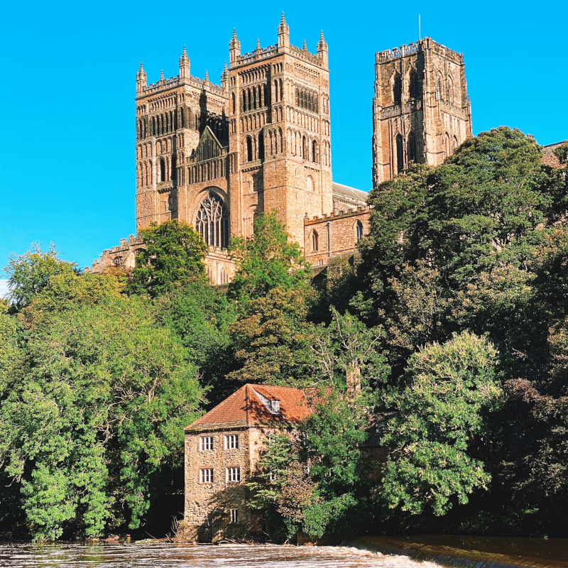 The towering Durham Cathedral rises above a dense forest of green trees, with a historic stone house sitting by the river at the base.