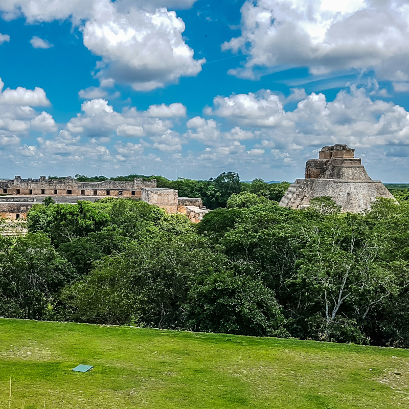 Uxmal-Mexico-Pirámide-del-Adivino A scenic view of Mayan ruins, including the Pyramid of the Magician, rising above a dense green jungle canopy.