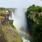A scenic view of Victoria Falls rushing between steep, rocky cliffs with a prominent rainbow arching over the river below.