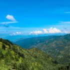 A scenic, wide-angle view of rolling green mountain slopes covered in pine trees under a vast blue sky filled with soft white clouds.